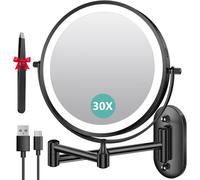 Auxmir 8 Pouces Miroir Grossissant Lumineux Mural x30, Miroir Grossissant Mural avec 3 Modes de Couleur, 1X/30X Grossissement Charge USB, Écran Tactile, 360° Pivotant et Extensible pour Salles de Bain