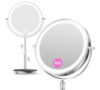 Auxmir 9" Miroir Grossissant Lumineux, 1X/30X Double Face, Miroir de Maquillage Réglable en Hauteur de 38 à 47 cm, 3000mAh Chargement USB, Miroir de Table 3 Couleurs Lumière Réglables, Rotation à 360°