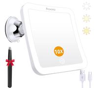 Auxmir Miroir Grossissant 10x avec 40 Lumineux LED, Rechargeable 2000 mAh, 3 Modes Éclairage, Forte Ventouse Ajustable à 360°, Écran Tactile, Miroir Maquillage Grossissant-Salle de Bain Voyage, Carré