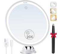 Auxmir Miroir Grossissant 20x Lumineux - Rechargeable avec 3 Modes D'éclairage LED - Ventouse d'attache Ajustable à 360° sans Fil - Miroir Cosmétique Portable pour Salle de Bain, Voyage