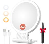 Auxmir Miroir Grossissant Lumineux, 20X/1X Double Face, Miroir Maquillage LED 2000mAh Rechargeable avec 3 Couleurs éclairage, Pliable Portable pour Voyage
