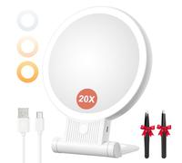 Auxmir Miroir Grossissant Lumineux, 20X/1X Double Face, Miroir Maquillage LED 2000mAh Rechargeable avec 3 Couleurs éclairage, Pliable Portable pour Voyage