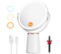 Auxmir Miroir Grossissant Lumineux 30X/10X Double Face, Miroir Grossissant sur Pied Rechargeable 2000mAh avec 3 Couleurs éclairage, 64 LED, Rotation 360° pour Maquillage, Soin du Visage
