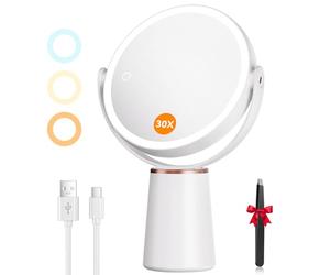Auxmir Miroir Grossissant Lumineux 30X/10X Double Face, Miroir Grossissant sur Pied Rechargeable 2000mAh avec 3 Couleurs éclairage, 64 LED, Rotation 360° pour Maquillage, Soin du Visage