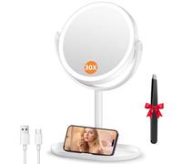 Auxmir Miroir Grossissant Lumineux, 30X/1X Double Face, Miroir Grossissant sur Pied 8", 2000mAh Rechargeable avec 3 Couleurs 64 LED, Rotation 360°, Mirroir Maquillage Grossissant pour Chambre, Bureaux