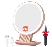 Auxmir Miroir Grossissant Lumineux Double Face 1X/30X, Miroir Maquillage 3 Couleurs D'éclairage, Luminosité Réglable, Batterie 2000mAh Rechargeable, Support 360°, Mural/Portable/Pliable