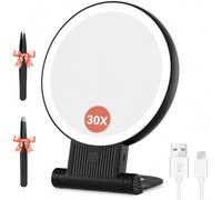 Auxmir Miroir Grossissant Lumineux Double Face 1X/30X, Miroir Maquillage 3 Couleurs D'éclairage, Luminosité Réglable, Batterie 2000mAh Rechargeable, Support 360°, Mural/Portable/Pliable