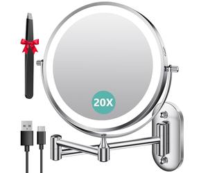 Auxmir Miroir Grossissant Mural 1X/20X, Batterie 3200mAh, 3 Modes Couleur, Bouton Tactile 2 Faces, Miroir Grossissant Lumineux 360° Pivotant Extensible, pour Salle de Bain, Chambre, Hôtel, Vestiaire