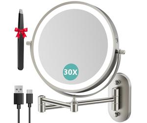 Auxmir Miroir Grossissant Mural 1X/30X, Batterie 3200mAh, 3 Modes Couleur, Bouton Tactile 2 Faces, Miroir Grossissant Lumineux 360° Pivotant Extensible, pour Salle de Bain, Chambre, Hôtel, Vestiaire