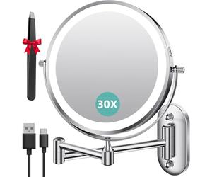 Auxmir Miroir Grossissant Mural 1X/30X, Batterie 3200mAh, 3 Modes Couleur, Bouton Tactile 2 Faces, Miroir Grossissant Lumineux 360° Pivotant Extensible, pour Salle de Bain, Chambre, Hôtel, Vestiaire