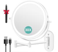 Auxmir Miroir Grossissant Mural Rechargeable 3200 mAh 1X/30X, Blanc | Bouton tactile double face, bras extensible rotatif 360°, 3 lumières, intensité réglable, idéal pour salle de bain et chambre