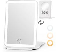 Auxmir Miroir Maquillage de Voyage Portable, Grossissement 10X/1X, Lumineux Avec 3 Couleurs, USB Rechargeable, Cosmétique LED de Table Écran Tactile