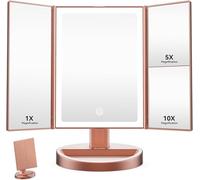 Auxmir Miroir Maquillage Grossissant Lumineux 10x/5x/1x avec 68 LED, Coméstique Rechargeable USB 1200mAh, Triptyque, Écran Tactile, Rotatif à 180°, OrRose