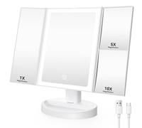 Auxmir Miroir Maquillage Grossissant Lumineux avec 68LED, Miroir Grossissant 10x /5X /1x, Mirroir Coméstique Rechargeable USB 2000mAh, Mirroir Lumineux Triptyque, Écran Tactile, Rotatif à 180 °, Blanc