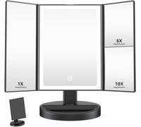 Auxmir Miroir Maquillage LED avec 68 LED, Miroir Grossissant 10x /5X /1x, Mirroir Coméstique Rechargeable USB, Mirroir Maquilleur Lumineux, Écran Tactile, Rotatif à 180 °, Noir