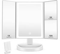 Auxmir Miroir Maquillage LED, Miroir Maquillage Lumineux avec 3 Volets Grossissant 10x/5x/1x, Mirroir Maquilleur Lumineux Rotation 180°, Mirroir de Table pour Maquiller, Rasage, Soin Quotidien