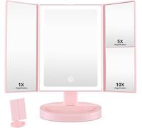 Auxmir Miroir Maquillage Lumineux 68 LED 10x/5x/1x Comestique Rechargeable USB 1200mAh Écran Tactile Rotatif 180° Rose