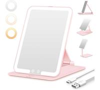 Auxmir Miroir Maquillage Lumineux avec 48 LED, USB Rechargeble, Mirroir Super HD avec Écran Tactile, Miroir Coiffeuse LED avec 3 Couleurs de Lumière pour Voyage et Chambre, Rose