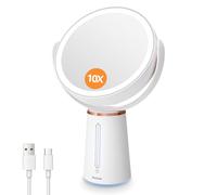 Auxmir Miroir Maquillage Lumineux Grossissant 10X/1X, Double Face avec Eclaire Variable et Rotation 360°, Cosmétique de Table sur Pied Rechargeable 2500mAh pour Soin du Visage