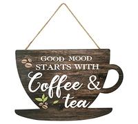AUXSOUL Panneau « Coffee » « Good Moon Starts with Coffee & Tea » - Plaques à suspendre au mur - Plaque en bois décorative pour cuisine, bar