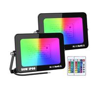 AUXTINGS 2 Pack 50W RGB Projecteur LED Couleur, Projecteur Couleur Exterieur avec Télécommande, IP66 Etanche 16 couleurs 4 modes, Fonction Mémoire Éxtérieur Spot Multicolore pour Soirée Paysage Cour