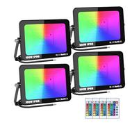 AUXTINGS 4 Pack 100W RGB Projecteur LED Couleur, Projecteur Couleur Exterieur avec Télécommande, IP66 Etanche 16 couleurs 4 modes, Fonction Mémoire Éxtérieur Spot Multicolore pour Soirée Paysage Cour
