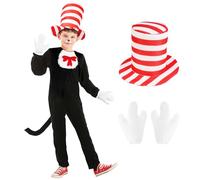 AUYAO Costume de Chat Dans le Chapeau, Déguisement Enfant Chat, Déguisements pour Enfants Chat Combinaison, Costume pour la Journée Mondiale du Livre avec Gants Chapeau Rayé Halloween Carnaval Cosplay