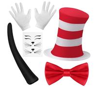 AUYAO Déguisement Accessoires du Célèbre Chat qui Porte un Chapeau, Kit Enfants Chat dans le Chapeau Rayé Rouge et Blanc avec Nœud Papillon, Gants et Queue de Chat Convient pour Costume de Halloween