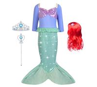 AUYAO Deguisement Petite Sirene Ariel Robe de Princesse avec Perruque - Costume Siren pour Halloween, Noël, Carnaval, D'anniversaire, Fêté, Cosplay, Soirée
