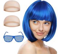 AUYAO Perruque Partyrama, 28cm bob court avec frange Unique, Perruque Coupe au Carré Classique avec Lunettes et bonnets de perruque pour le carnaval & motto-party, Bleu