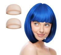 AUYAO Perruque Partyrama, 28cm bob court avec frange Unique, Perruque Coupe au Carré Classique avec Lunettes et bonnets de perruque pour le carnaval & motto-party, Bleu Roi