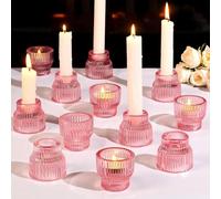 Auzritek Lot de 12 Bougeoir Photophores en Verre Rose, Convient aux Bougies Piliers, Coniques et Chauffe Plats, 2 en 1 Chandelier, Parfait pour Noël, Mariage, la Décoration de la Maison