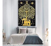 AVA Collections Tapisserie murale multicolore psychédélique en coton indien, affiche de pique-nique, décoration murale, couverture murale, art hippie, décoration de chambre (jaune, éléphant et arbre)