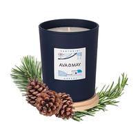 AVA & MAY Bougie parfumée Santorin (180 g) - Bougie vegan au parfum sucré-salé de romarin, fève tonka et cèdre, bougie artisanale avec bougeoir en verre