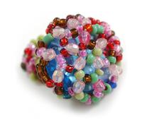 Avalaya Bague flexible en forme de bouton avec perles en verre et acrylique 20 mm (vert clair/rouge/rose/marron/fait à la main) - Taille M, taille unique, Plastique, verre, Aucune pierre précieuse