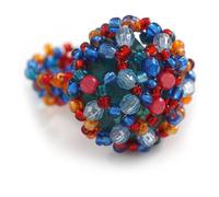 Avalaya Bague flexible en forme de bouton avec perles en verre et acrylique Bleu/rouge/orange Taille M 20 mm, taille unique, Plastique, Verre