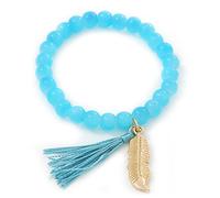 Avalaya Bracelet extensible en perles de verre bleu clair de 6 mm avec breloque plume plaquée or et pompon en soie Taille M/L