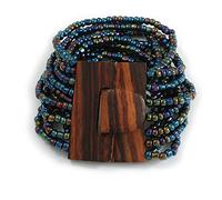 Avalaya Bracelet flexible multi-rangs en perles de verre colorées paon avec fermeture en bois - 18 cm de long, taille unique, Bois, Verre