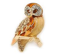 Avalaya Broche en plaqué or avec cristal autrichien motif hibou Marron Longueur 40 mm, émail, Kristall