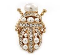 Avalaya Broche en plaqué or en forme de scarabée égyptienne avec cristaux transparents/fausses perles - 4,5 cm de long