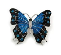 Avalaya Grande broche papillon en émail noir/bleu et cristal plaqué rhodium - 50 mm de diamètre, taille unique, émail