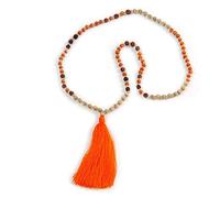Avalaya Long collier de perles de rocaille en bois, verre, avec pompon en soie (nude, orange, marron) - 80 cm L/ 11 cm pompon