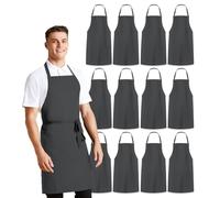 Avalon Kitchen Lot de 12 tabliers de chef unisexes - 100% polyester avec attaches extra longues - Tablier de cuisine pour homme et femme - Gris - Taille L