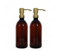 AVALON Lot de 2 bouteilles en plastique ambré marron - Pompe en métal style laiton antique 500 ml - Flacon distributeur de savon rechargeable en plastique pour salle de bain/cuisine - Lavage des