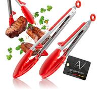 AVANA Lot de 2 pinces de cuisine et de barbecue en acier inoxydable avec pied intégré en silicone résistant à la chaleur Rouge