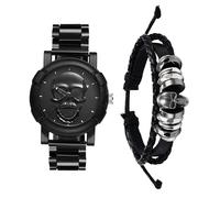 Avaner Montre Homme à Quartz étanche Halloween:2pcs Montre Homme à Mouvement à Quartz Analogique Bracelet en Cuir Véritable Aiguilles Lumineuses Cadran tête de Mort,Montre Homme Punk Steam-Noir