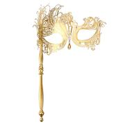 Avaner Vénitien Femme Carnaval: Demi Masque avec Bâton Bal Masqué Déguisement en Métal Brillant Style Romantique Mystérieux pour Halloween Mascarade Soirée