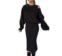 Avanise Ensemble pour Femme avec Sweat-Shirt à épaules Inclinées Et Robe sans Manches, Robe Débardeur à épaules Dénudées pour Femme, Hauts à Manches Longues à Ourlet Fendu Asymétrique (Noir,L)