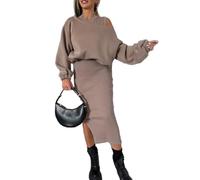 Avanise Ensemble pour Femme avec Sweat-Shirt à épaules Inclinées Et Robe sans Manches, Robe Débardeur à épaules Dénudées pour Femme, Hauts à Manches Longues à Ourlet Fendu Asymétrique (Kaki,XL)