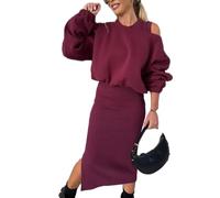Avanise Ensemble pour Femme avec Sweat-Shirt à épaules Inclinées Et Robe sans Manches, Robe Débardeur à épaules Dénudées pour Femme, Hauts à Manches Longues à Ourlet Fendu Asymétrique (Vin Rouge,M)
